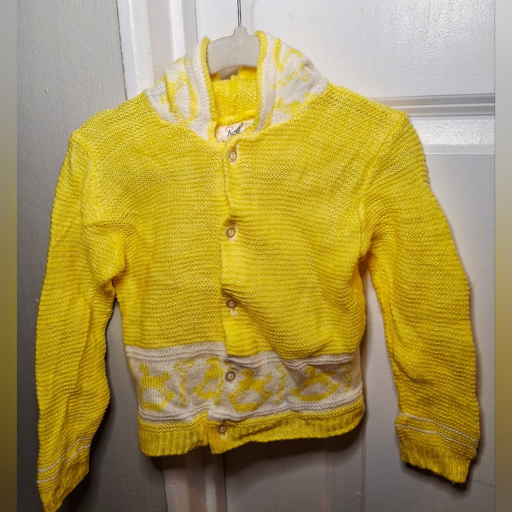 🇯🇵 Vintage 80s 🎠💛Rocking Horse Hooded Cardigan Made in Japan (9-12 mo)